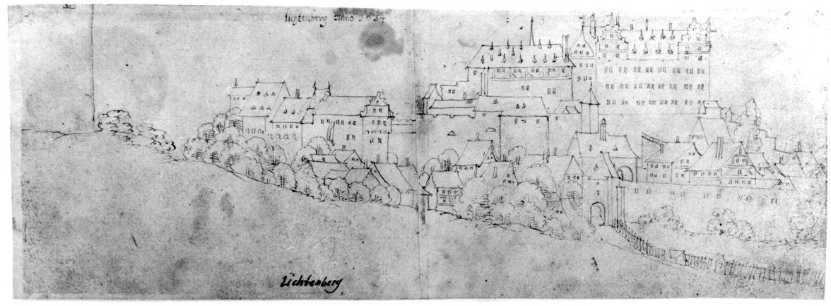 Historischer Stich der Ansicht von Lichtenberg mit Schloss und Burg  von Vallentin Wagner